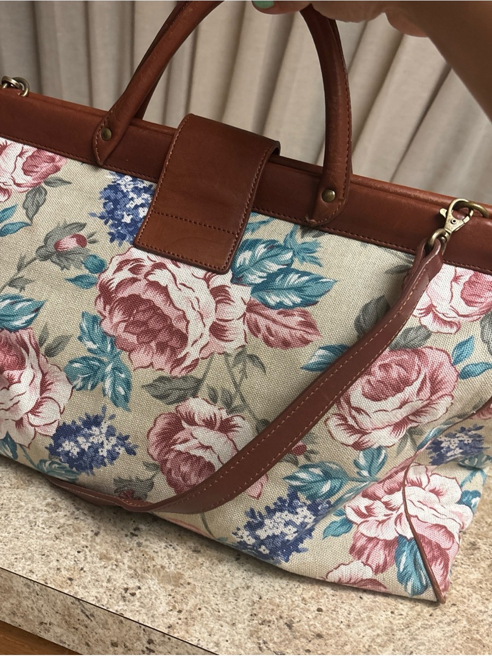 Vintage Talbots Floral Canvas Tote with Brown Trim and Teal Accents